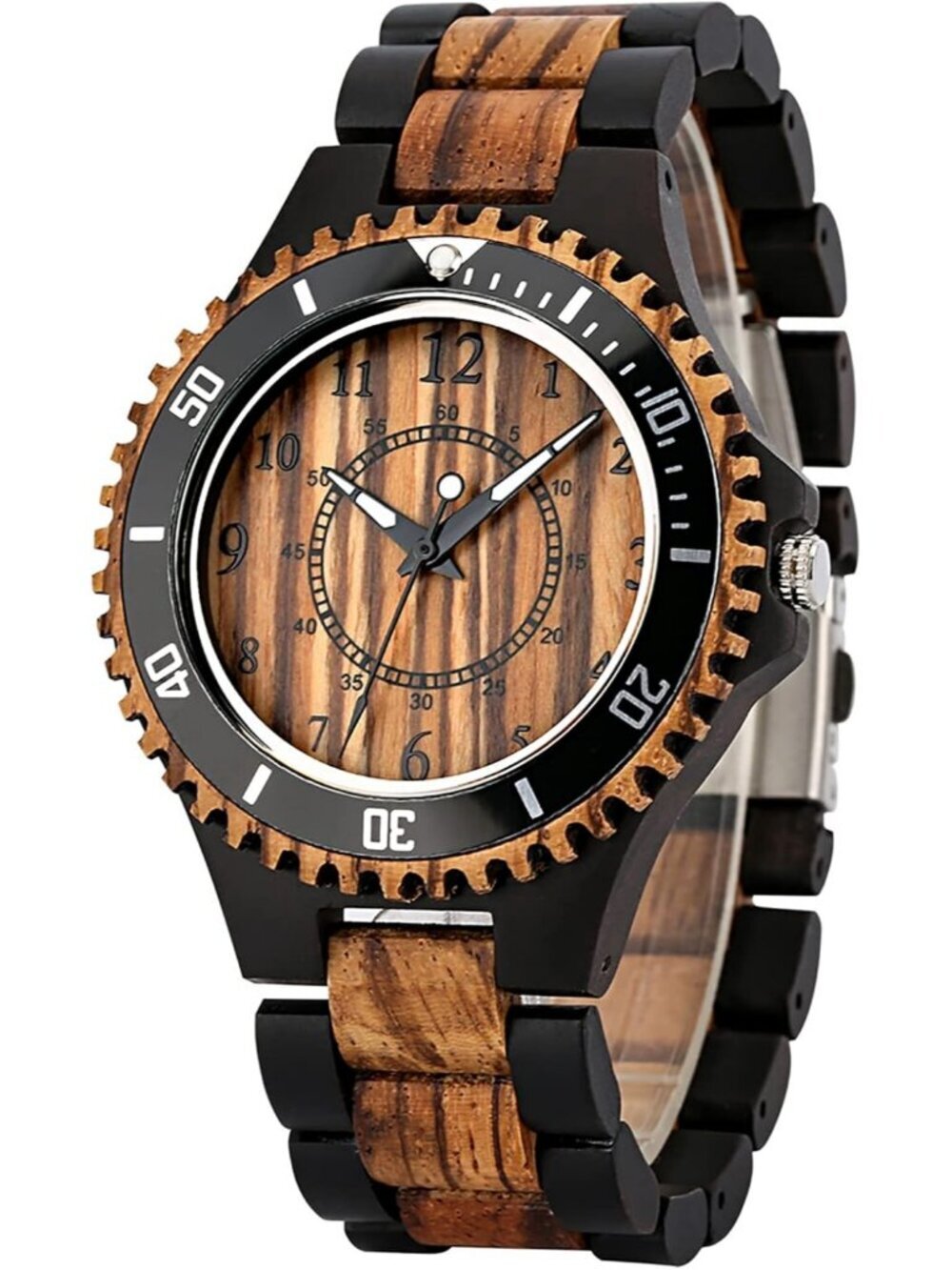 Men's Brown Quartz Ebony Zebra Fold over Clasp Wood Strap Round Wooden Watch